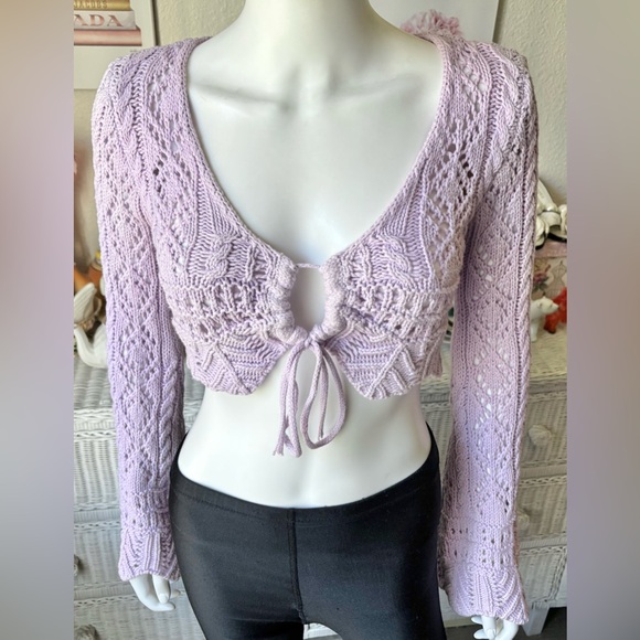ASOS Tops - ASOS Emory Park crochet long bell sleeves crop top in lavender color Size Small